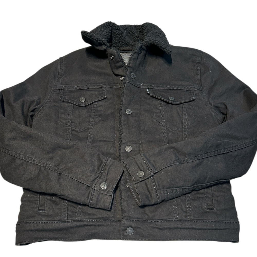 Levi’s Black Sherpa Lined Denim Trucker Jacket Women’s Medium Cozy Warm Classic